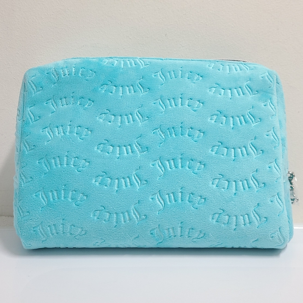 JUICY COUTURE Turquoise Velour Logo Print Wedge Accessory Make-up Case NWOT - Picture 2 of 15